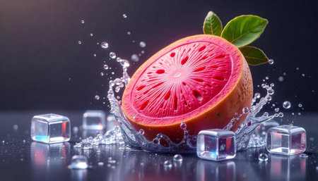 Grapefruit Splash with Ice Cubes on Dark Backgroundの写真素材