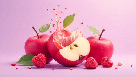 Fresh red apples and raspberries with splash against pink
