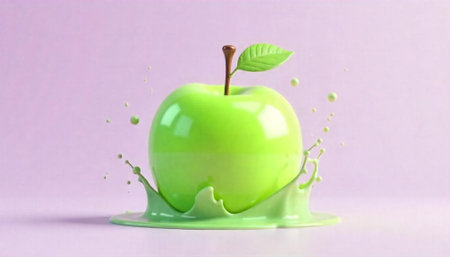 Vibrant green apple with splash on pastel background imageの写真素材