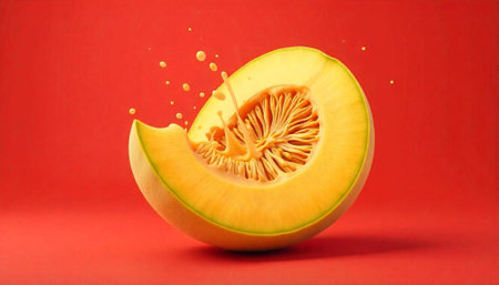 Half honeydew melon with juice splash against red backdropの写真素材
