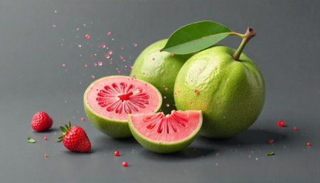 Fresh guavas and strawberries with water droplets on gray