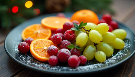 Winter fruit platter with powdered sugar and holiday backgroundの写真素材