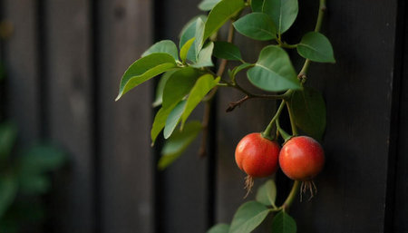 Bright red berries and lush leaves against wooden fenceの写真素材
