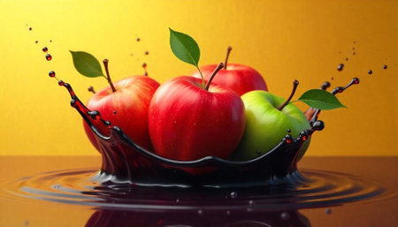 Apples splashing in dark liquid on yellow background