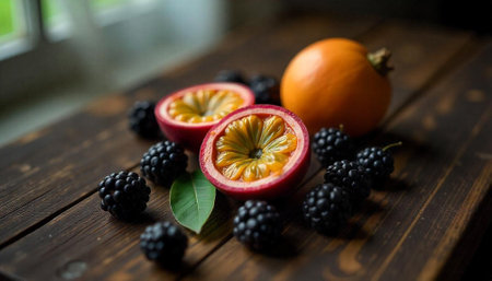 Fresh passion fruit and blackberries on a wooden surfaceの写真素材