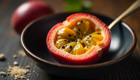 Passion fruit half in bowl with wooden table background
