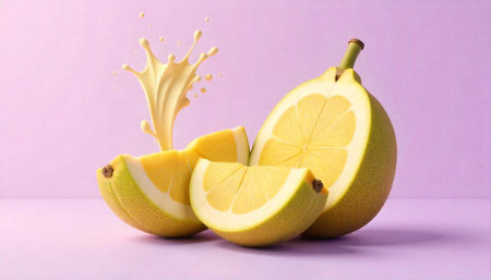 Fresh lemons and juice splash on pastel backgroundの写真素材