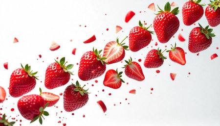 Floating strawberries and slices on a clean bright backgroundの写真素材