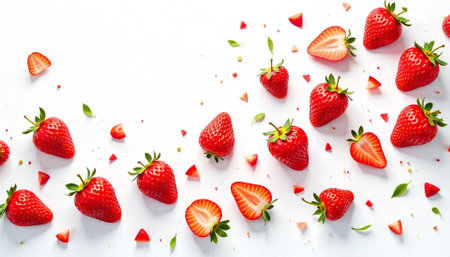 Fresh juicy strawberry flat lay on bright white backgroundの写真素材