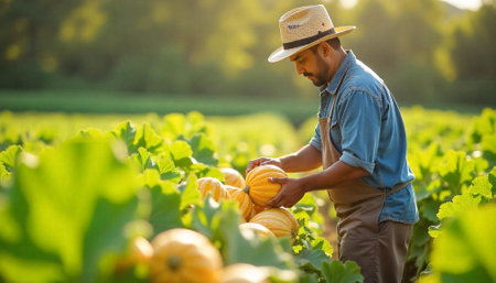 Farmer harvesting ripe pumpkins in a sunlit rural field