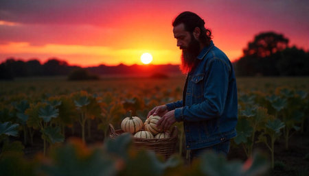 Farmer harvests pumpkins at sunset golden hour in field