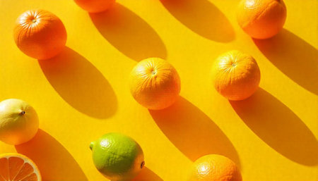 Bright oranges and lemons on saturated yellow background with shadowsの写真素材