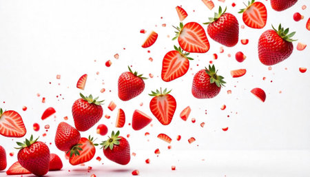 Fresh strawberries and slices falling on a white backgroundの写真素材
