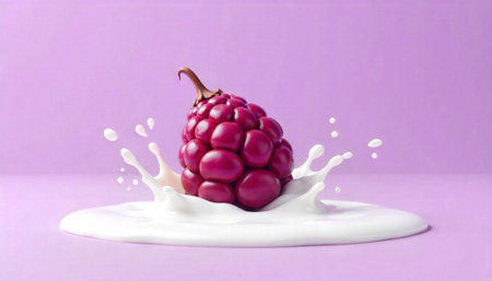 Fresh raspberry splash with creamy dairy liquid on purple