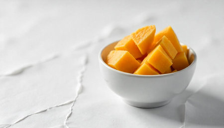 Diced mango chunks inside a white bowl on white surface