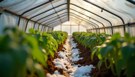 Rows of young plants growing in a greenhouse setting