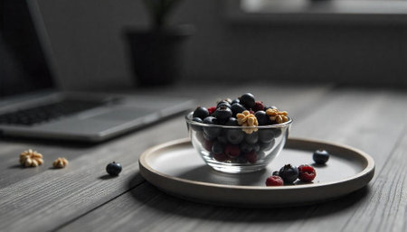 Blueberries and raspberries in bowl near laptop, healthy workplaceの写真素材