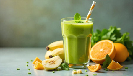 Refreshing green smoothie surrounded by fresh fruits and leavesの写真素材