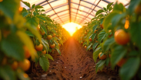 Orange tomatoes growing in rows inside agricultural greenhouse