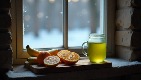 Winter still life: Citrus and drink on a windowsillの写真素材