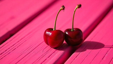 Two red cherries resting on a vibrant pink surfaceの写真素材