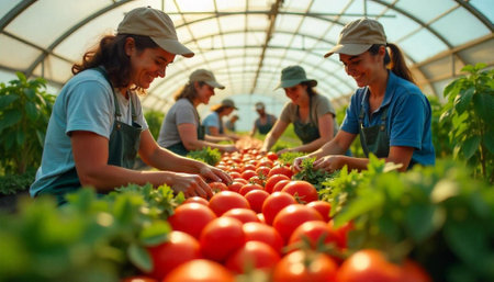 Farmers harvesting tomatoes inside greenhouse on sunny dayの写真素材