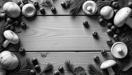 Rustic composition of mushrooms berries and pine on woodの写真素材