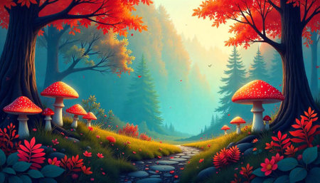 Autumnal Forest Path with Toadstools and Vibrant Foliage