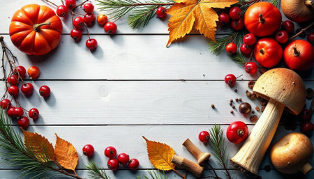 Autumn harvest on white wood background with copy space