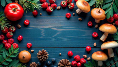 Autumn forest bounty displayed on dark blue wooden backdrop
