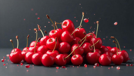 Heap of juicy red cherries with scattered juice drops