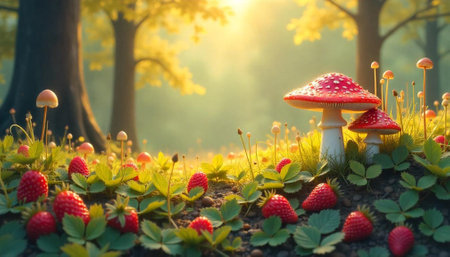 Enchanted forest floor with mushrooms and ripe strawberriesの写真素材