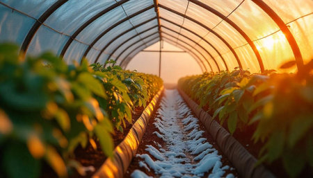 Greenhouse plants at sunset with snow and golden lightの写真素材