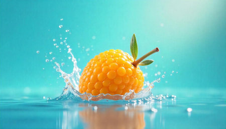 Fresh yellow fruit splashing in water with bright background