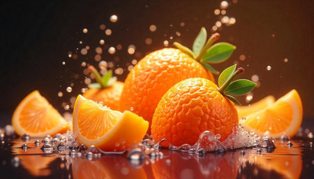 Fresh juicy oranges with water droplets on reflective surface