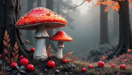 Dreamlike forest scene with vibrant mushrooms and scattered red fruitの写真素材