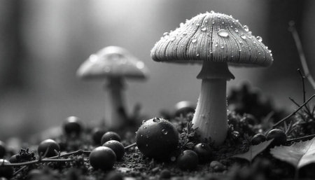 Monochrome mushroom with water droplets in detailed forest sceneの写真素材
