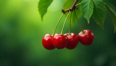 Four ripe cherries hanging from branch with green leaves