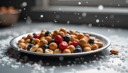 Mixed nuts and berries with falling snow visual effectの写真素材