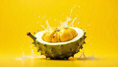 Kiwano melon half with splash on bright yellow background
