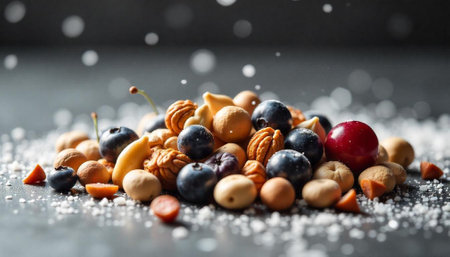 Macro shot of mixed nuts and berries with snow