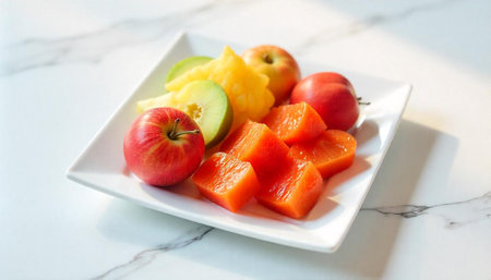 Colorful fresh fruit salad on white plate composition studio