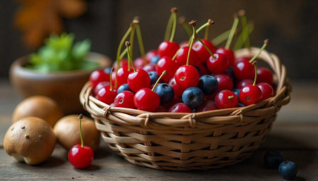 Fresh cherries and blueberries bursting from a rustic basketの写真素材