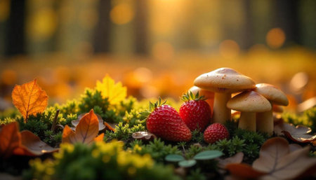 Autumnal Still Life with Strawberries and Mushrooms in Forestの写真素材