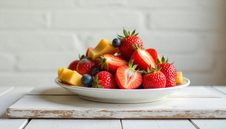 Bright fruit salad featuring fresh strawberries and mango chunksの写真素材