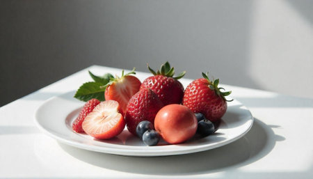 Fresh berries and plums on a white plateの写真素材