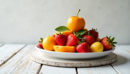 A vibrant arrangement of mixed fruits on rustic surfaceの写真素材