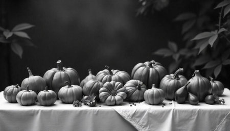 Monochrome still life composition with pumpkins and squash on fabricの写真素材