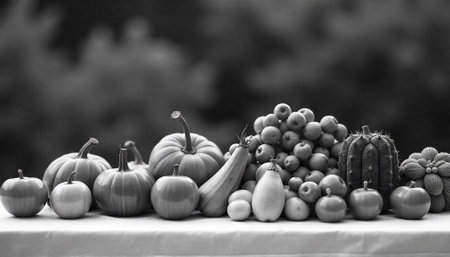 Autumn harvest of pumpkins apples and gourds in monochromeの写真素材