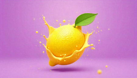 Vibrant lemon splash against soft purple studio backdrop